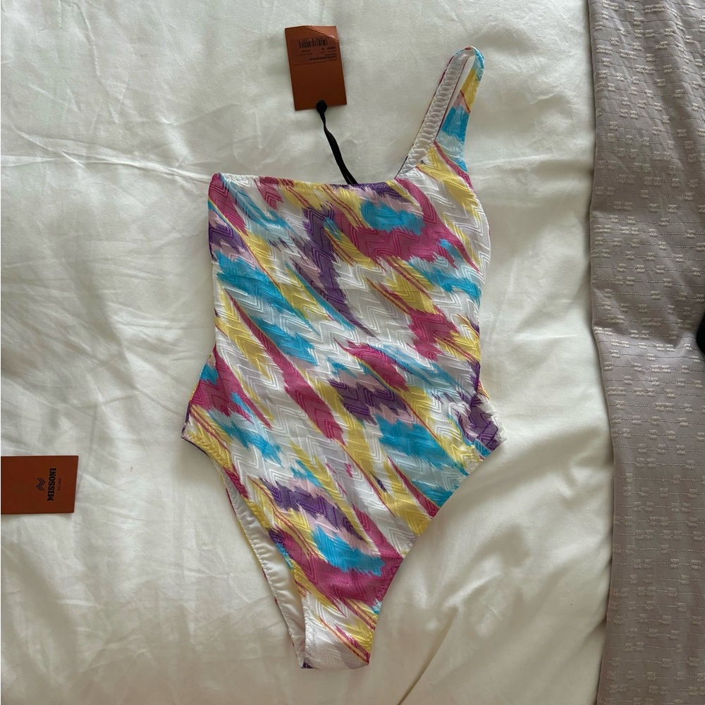 Missoni open-knit one-shoulder swimsuit